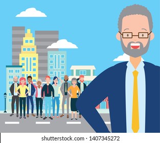 diversity man and crowd characters in the city street vector illustration