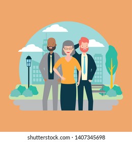 diversity man and woman characters cityscape park background vector illustration