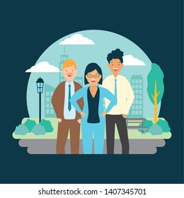 diversity man and woman characters cityscape park background vector illustration