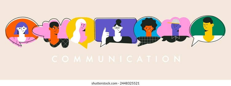 Diversity man and woman talking together. Different people with speech bubbles. Expressing opinion, communication concept. Teamwork, connection. Colorful flat vector illustration