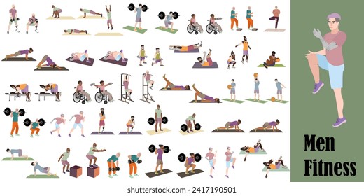 Diversity men doing full body workout. Inclusive workout for people with disabilities. Sport, wellness, workout, fitness. Flat vector illustration