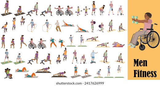 Diversity men doing full body workout. Inclusive workout for people with disabilities. Sport, wellness, workout, fitness. Flat vector illustration