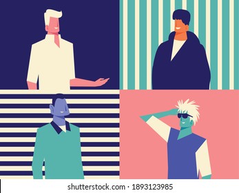 diversity men portrait characters on striped background set vector illustration