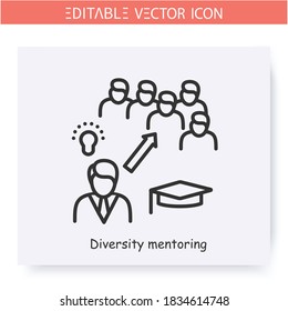 Diversity mentoring line icon. Multicultural, inclusive mentoring. Training workshop. Guidance consulting in business, finance or management. Graduation ceremony. Isolated editable illustration 