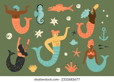 Vielfalt Mermaiden und Merman Retro-Stil, Unterwassertiere und Fische. Afrikanische Meerjungfern, orientalische Sirenen, mythische Kreaturen, Seepferdchen, Meeressterne, Anker und Blasen Design Elemente.