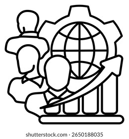 Diversity Metrics icon represented by employees, metrics, globe Line style.