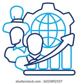 Diversity Metrics icon represented by employees, metrics, globe Dual Line style.