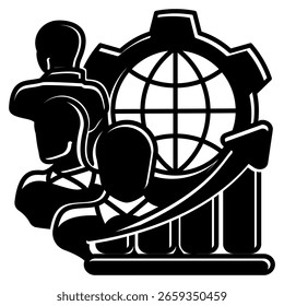 Ícone Métricas de Diversidade representado por funcionários, métricas, estilo Preenchido de Preto do globo.