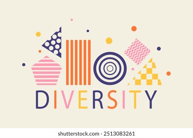 Diversity minimalistic concept, color geometric shapes with different pattern, cute simple characters 