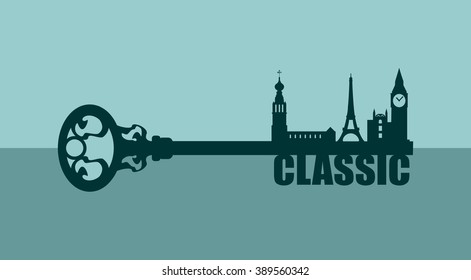 Diversity monuments of Europe, famous landmark as part of the key. Classic text. Russian church, Big ben and Eiffel tower
