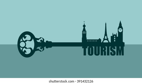 Diversity monuments of Europe, famous landmark as part of the key. Tourism text. Russian church, Big ben and Eiffel tower