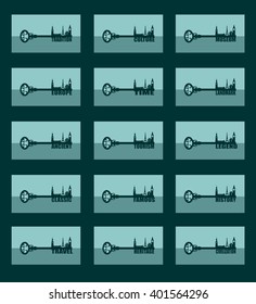 Diversity monuments of Europe, famous landmark as part of the key. Culture text. Russian church, Big ben and Eiffel tower. Banner set