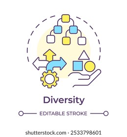 Diversity multi color concept icon. Data management, filtering. Methodology, algorithms. Round shape line illustration. Abstract idea. Graphic design. Easy to use article, blog post