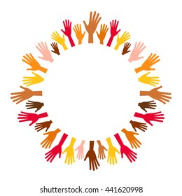 Diversity multicolored hands from empty center round frame. Hands in circle of different races, nationalities, ethnicity raised. Vector arms on white background for text, range, round, lap, disk, disc