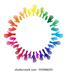 Diversity multicolored hands from empty center round frame. Rainbow hands circle. Yellow, orange, red, green, blue, purple, violet colors. Vector human arms on white background for text, copy space