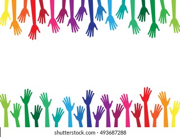 Diversity multicolored hands reach to the empty center frame. Yellow, orange, red, green, blue, purple, violet colors. Vector human arms on white background for text, copy space. Rainbow. lgbt