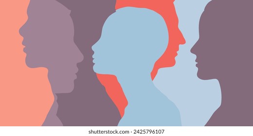 Diversity of multicultural people. Abstract profile silhouette of man and woman. Concept of racial equality, empowerment, psychology