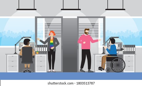 Diversity multicultural skill of people talking in office workplace. LGBT, transgender, Gay, Black lady, Handicapped, Nationalities, Genres. Collaboration working together and Equality concept.