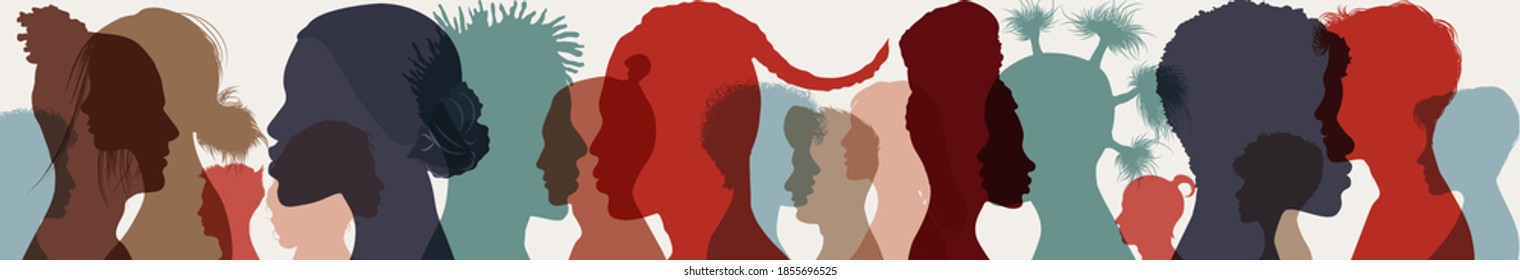 Diversity multiethnic people. Group side silhouette men and women of different culture and different countries. Coexistence harmony and multicultural community integration. Racial equality