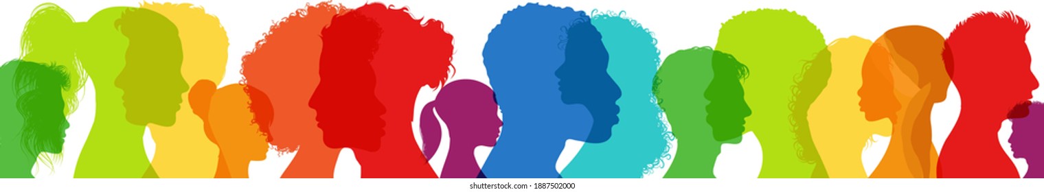 Diversity multiethnic people. Group side silhouette men and women of diverse culture and different countries. Racial equality. Coexistence harmony and multicultural community integration