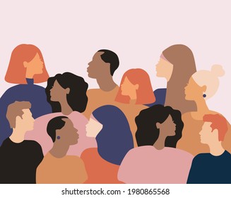 Diversity multiethnic people. Group side silhouette women and man of different culture and different countries. Coexistence and multicultural community integration, racial equality.