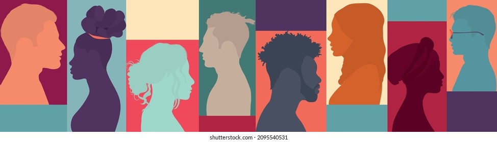 Diversity multiethnic people. Group side silhouette men and women of different culture and countries. Coexistence harmony and multicultural community integration. Racial equality. Banner