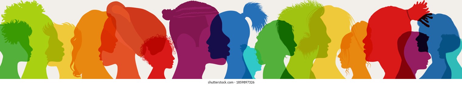 Diversity multiethnic people. Racial equality. Group side silhouette men and women of diverse culture and different countries. Coexistence harmony and multicultural community integration