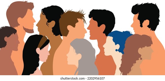 Diversity multiethnic people. Racial equality. Flat cartoon men and women of diverse cultures and countries. Harmony and multiculturalism. Multicultural community integration.