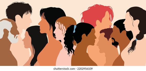 Diversidad multiétnica. Igualdad racial. Caricatura plana de hombres y mujeres de diversas culturas y países. Armonía y multiculturalismo. Integración multicultural de la comunidad.