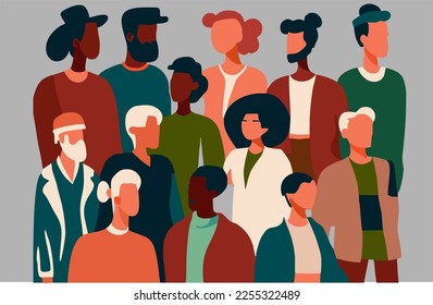 Diversity of multinational peoples. Group silhouette of men and women of different cultures and different countries. Coexistence, harmony and integration of multicultural communities. Racial equality