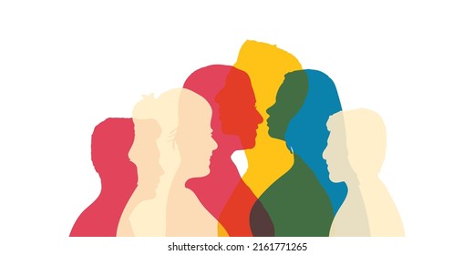 Diversity People And Banner Silhouette Group Of Adult People Transgender Men And Women - Homosexual - Lesbian - Gay - Heterosexual With Rainbow Colors. Local And Regional Culture.