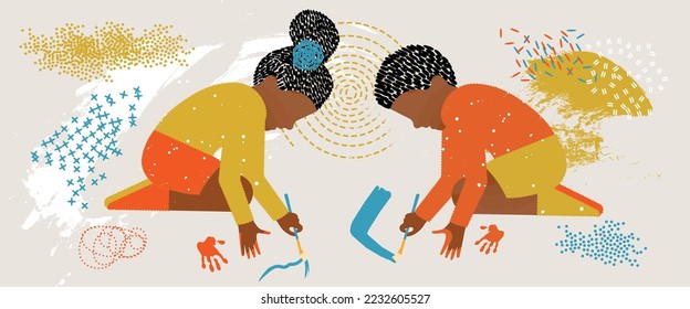 diversity people - black boy and black girl playing paint - colored background