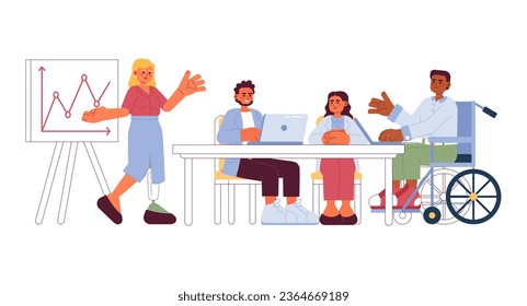 Diversity people business cartoon flat illustration. Speaker woman with prosthetic leg, wheelchair colleague 2D characters isolated on white background. Office meeting scene vector color image