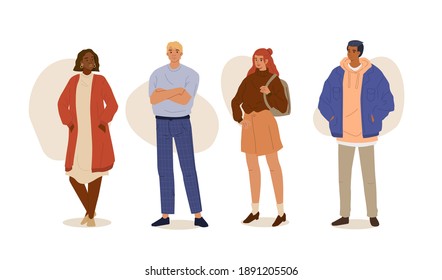 Diversity People Characters Standing Together and Smiling. Different Girls And Boys in Fashionable Clothes. Multicultural Friendship Concept. Flat Cartoon Vector Illustration.