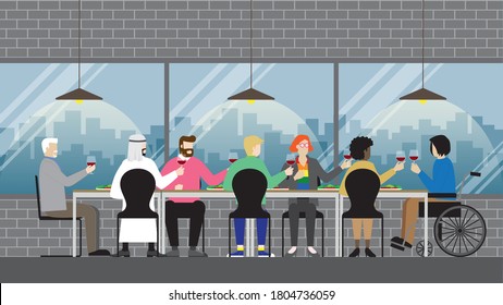 Diversity people friendship have dinner celebration happy time together in the restaurant. Various  business team cheer up with red wine. Colleagues have informal meeting after work. Success concept.