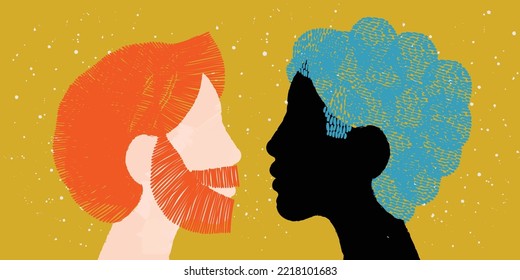 diversity people - gay couple - black face man and blue hair - white face man and red hair - face to face