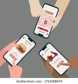 Diversity people hand holding smartphone for online order. Illustration for advertisement, web sites, banners design. Ecommerce concept. Order food online. Mobile start up.
