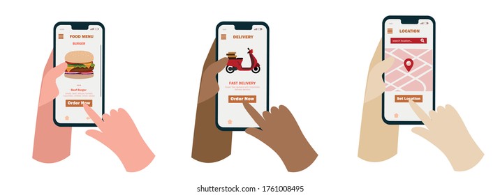 Diversity people hand holding smartphone for online order. Illustration for advertisement, web sites, banners design. Ecommerce concept. Order food online. Mobile start up.