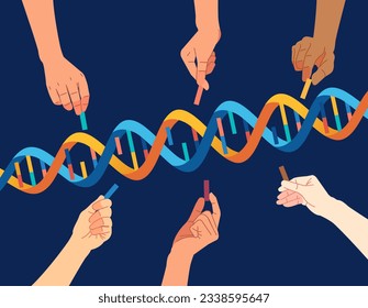 Diversity people hand that completes the DNA Helix genetic concept vector illustration