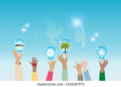 Diversity people hands holding light bulb with alternative consumption energy, world map background. carbon emissions reduction and sustainable positive environment concept. 