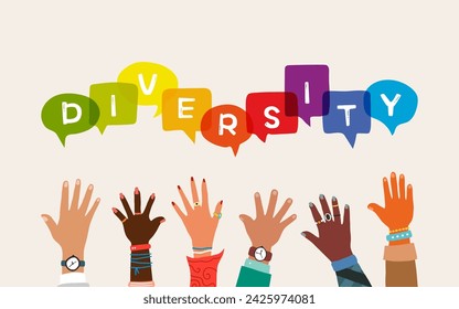 Diversity people hands with speech bubbles. Vector illustration.