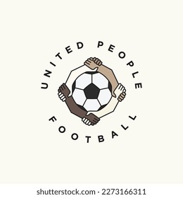 Diversity people hands together with football ball simple logo vector illustration. Sport can unite people icon