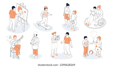 Diversity of people and hobbies - modern line design style isometric illustration set. Artist, child on a skateboard, reading a book at night together, guitarist, baker, photographer and model