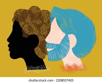 diversity people - interracial  gay couple face vector illustration - side by side - white man and blue hair - black man and brown hair