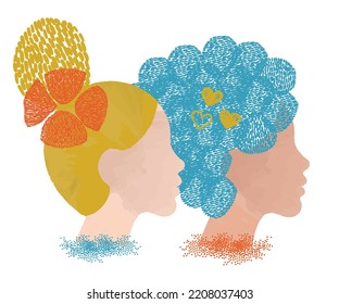 diversity people    lesbian couple face vector illustration     side by side    white woman   blue hair    white woman   blonde hair