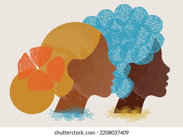 Diversity People - Lesbian Couple Face Vector Illustration - Side By Side - Black Woman And Blue Hair - Black Woman And Blonde Hair