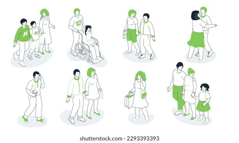 Diversity of people - line design style isometric illustration set. Walking with the family, helping a person with disabilities, couple dancing, shopping, taking a child to school, stroll with friends