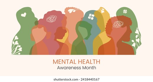 Diversity people Mental Health Awareness month Banner in May. Horizontal design with person silhouette. Psychological well-being presentation. Reminding about importance of good state of Mind.