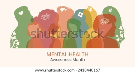 Diversity people Mental Health Awareness month Banner in May. Horizontal design with person silhouette. Psychological well-being presentation. Reminding about importance of good state of Mind.