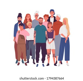 Diversity of people in modern society. Crowd of different men, women, kids, teenagers. Old, aged, elderly, multinational community. Flat vector cartoon illustration isolated on white background